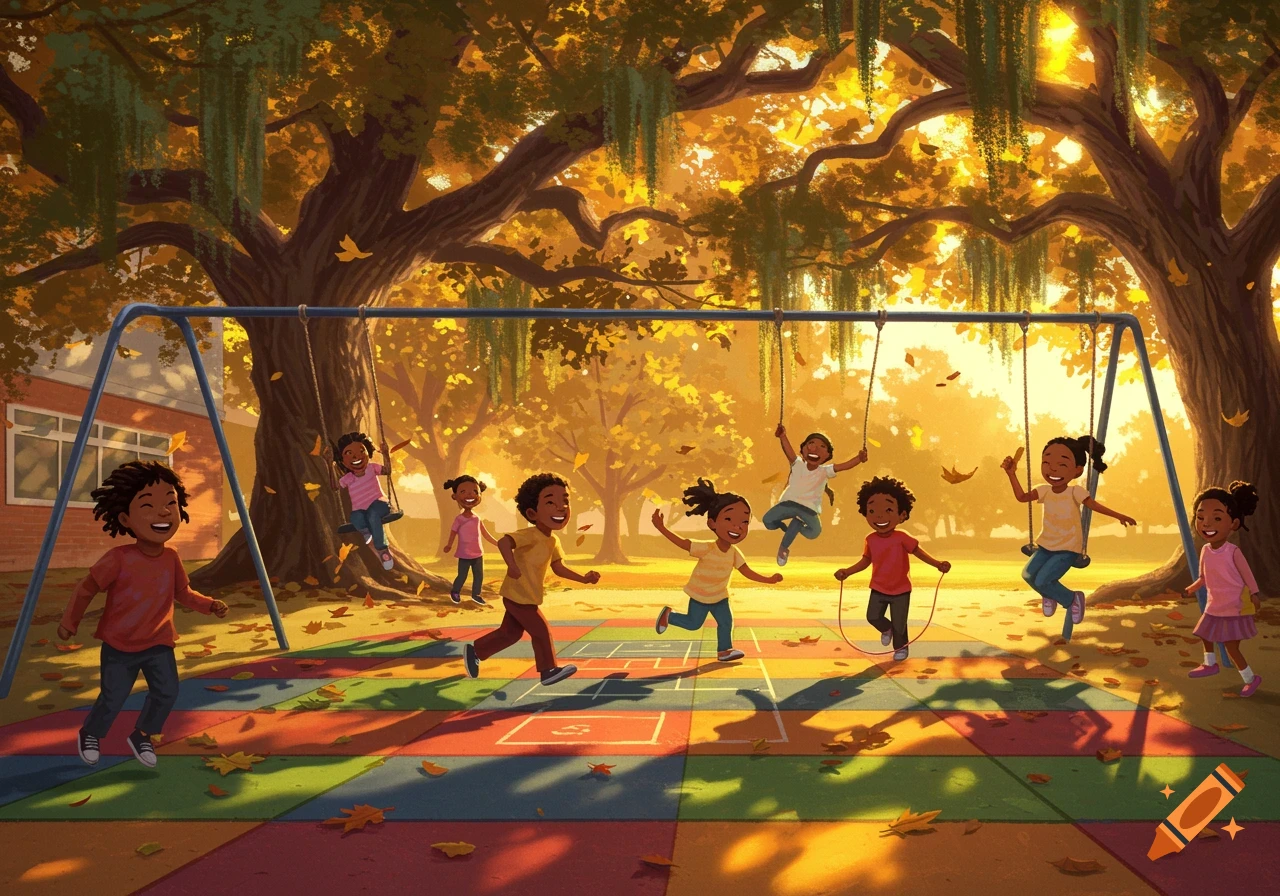 Illustration of happy African American children playing in an autumn park, with some on swings and others running on a colorful hopscotch court.