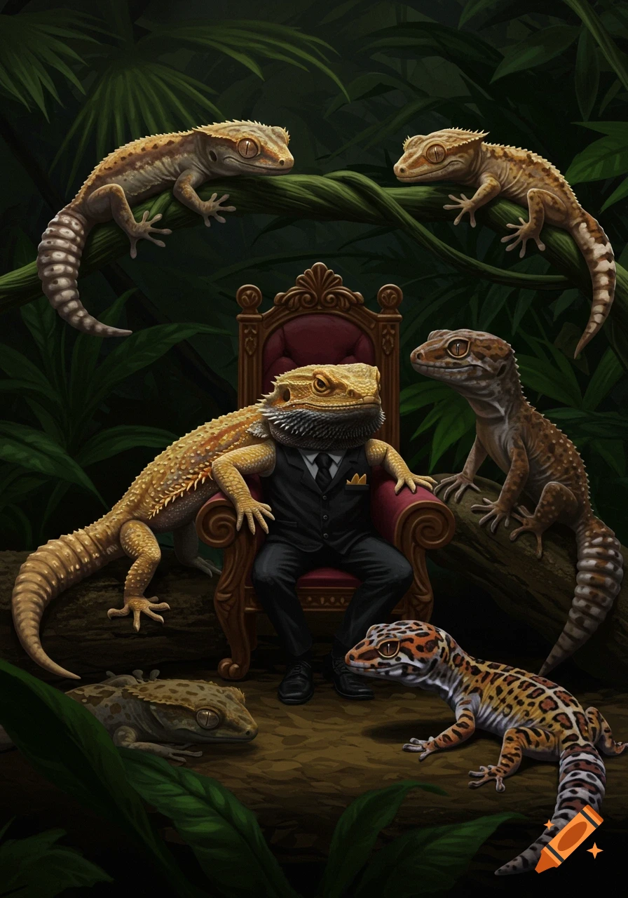 A bearded dragon in a suit sits on an ornate throne, surrounded by various geckos in a lush jungle setting.