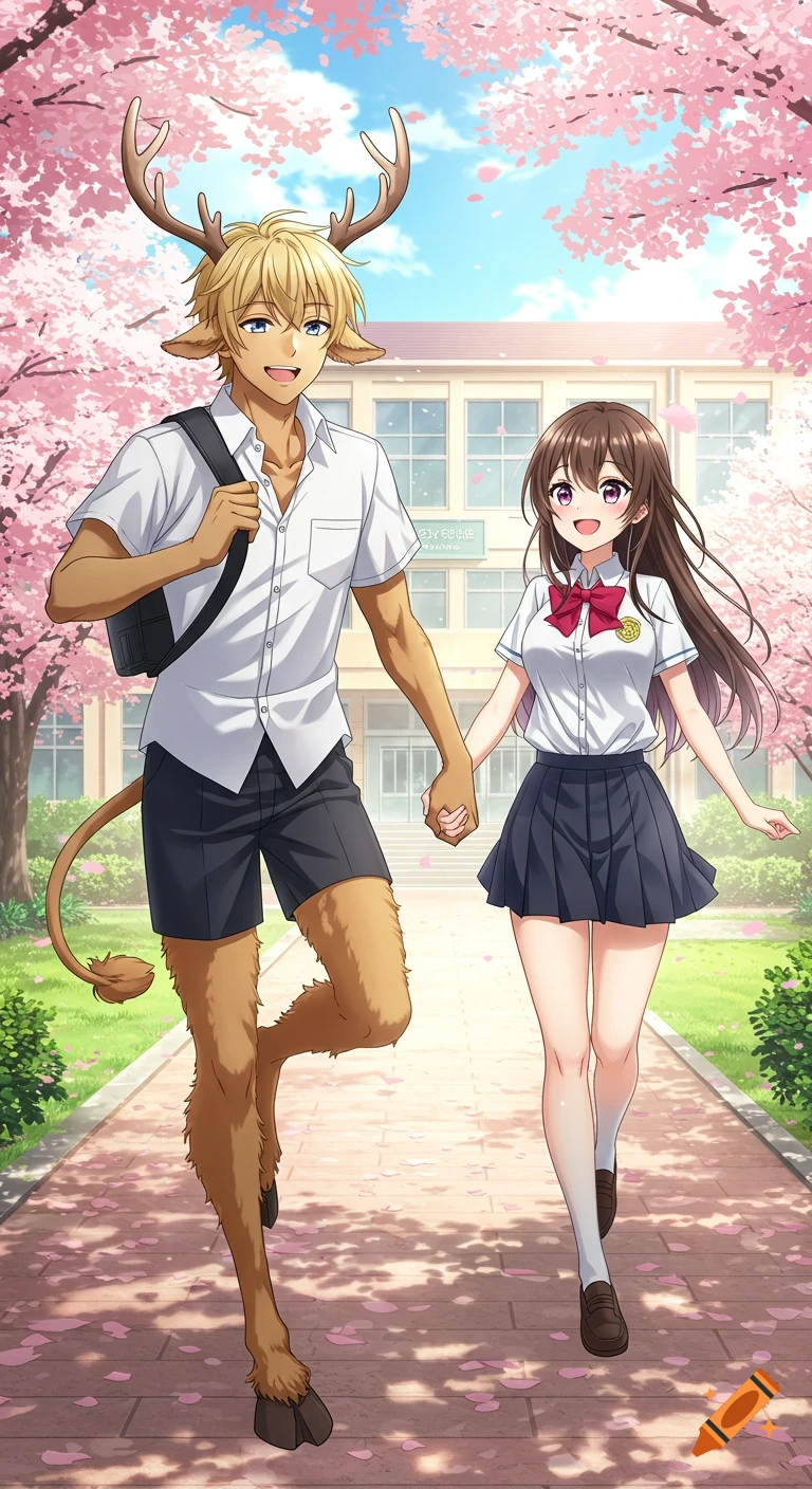Anime characters: a blond satyr and a brunette girl in school uniforms hold hands, walking under cherry blossoms in front of a school.