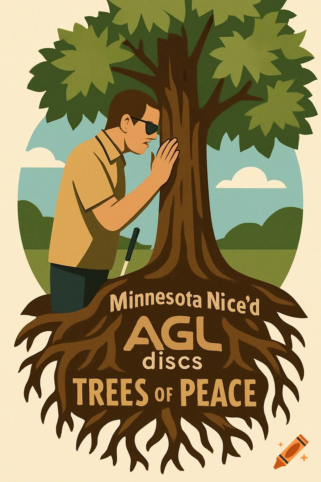 Graphic illustration of a blind man touching a tree trunk. Its roots have the text 'Minnesota Nice'd AGL discs TREES of PEACE'.