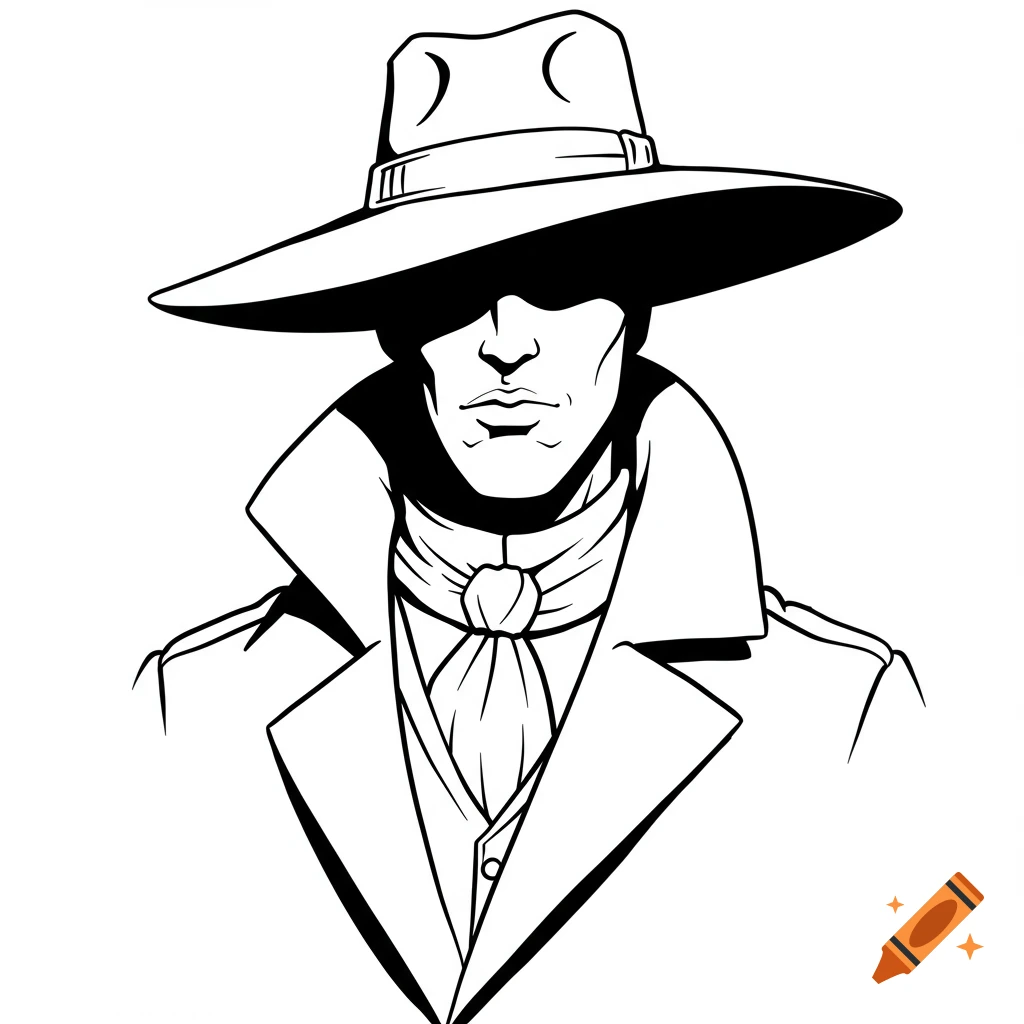 Black-and-white ink-style line art of a masculine figure wearing a wide-brimmed hat tilted to cover the eyes, scarf, and jacket.