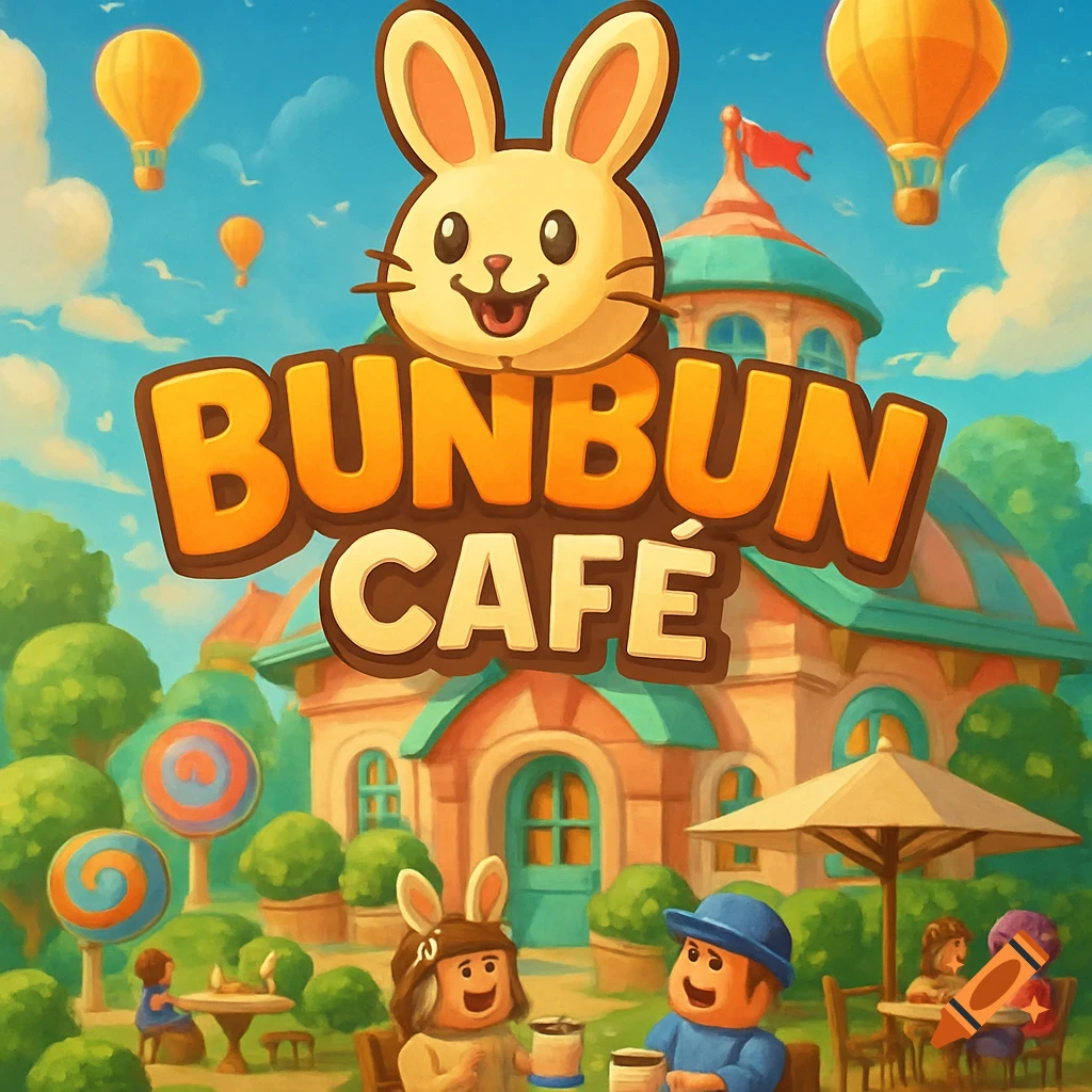 A vibrant cartoon game logo for 'Bunbun Cafe' featuring a happy bunny head, stylized text, and an outdoor cafe scene with blocky characters.