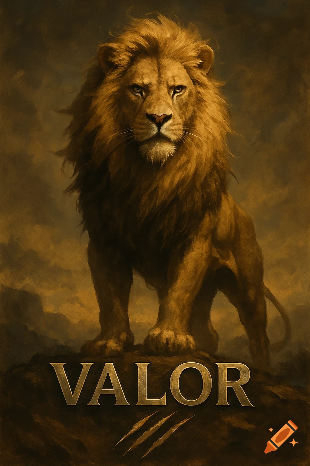 A majestic, golden-maned lion stands on a rocky outcrop with the word "VALOR" and three claw marks beneath it, in a painterly style.