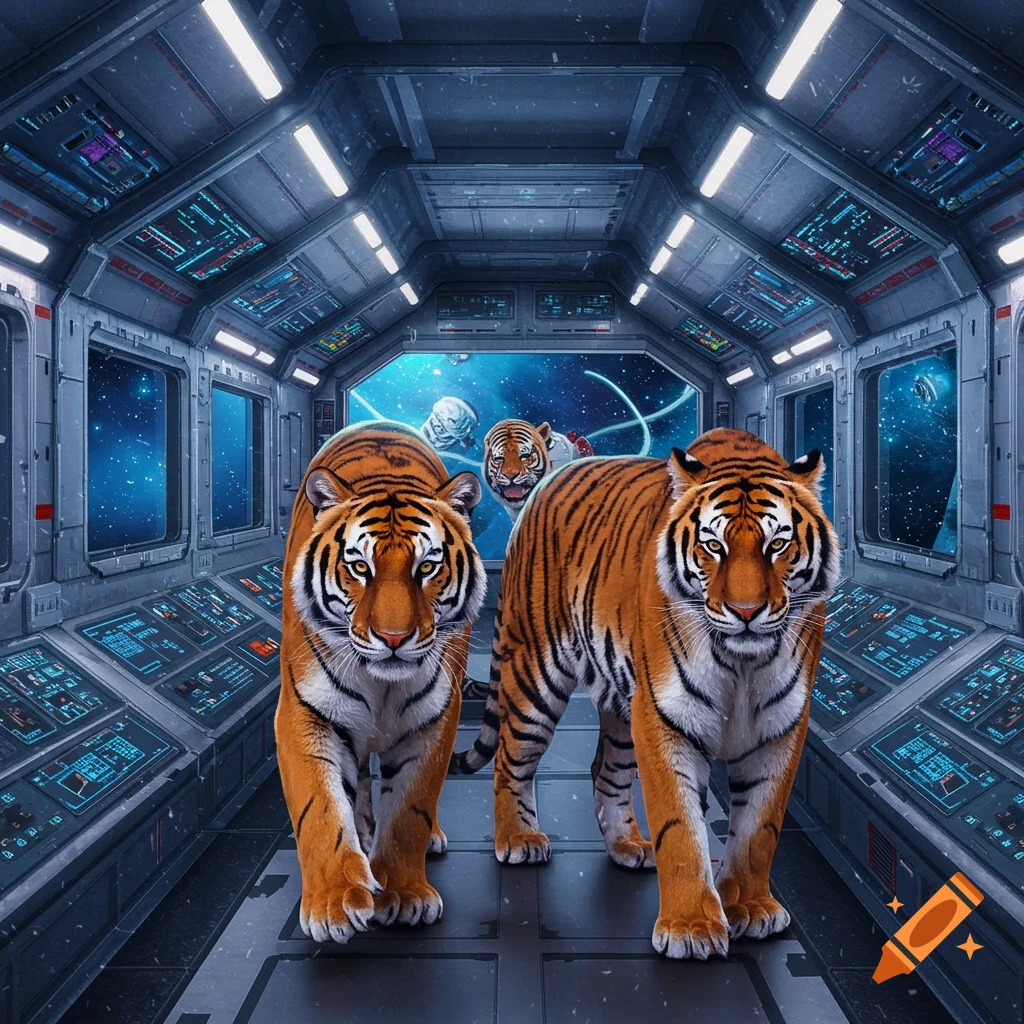 Three tigers walk down a futuristic spaceship corridor, looking out into space.