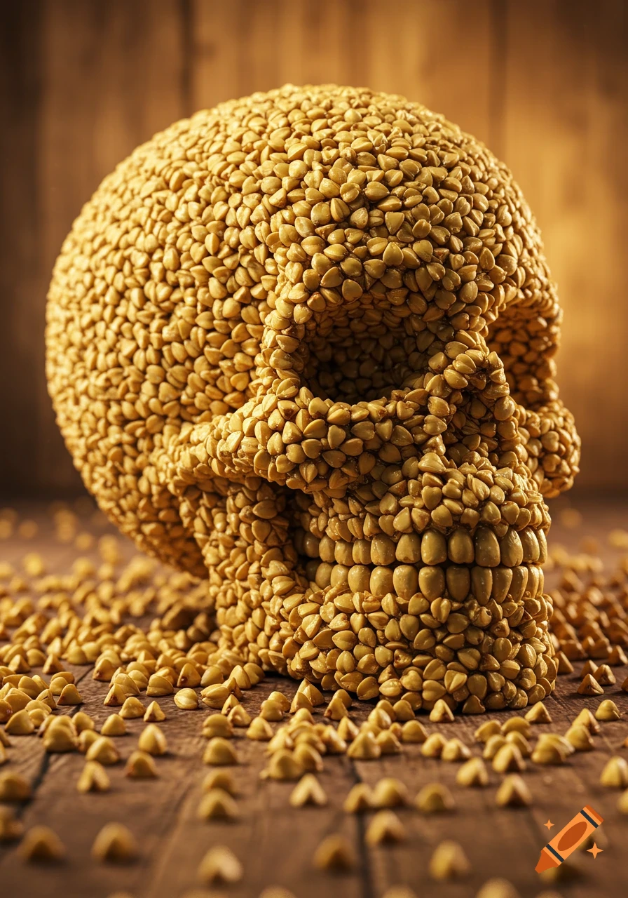 Photorealistic human skull sculpture made of golden buckwheat grains, resting on a rustic wooden table.