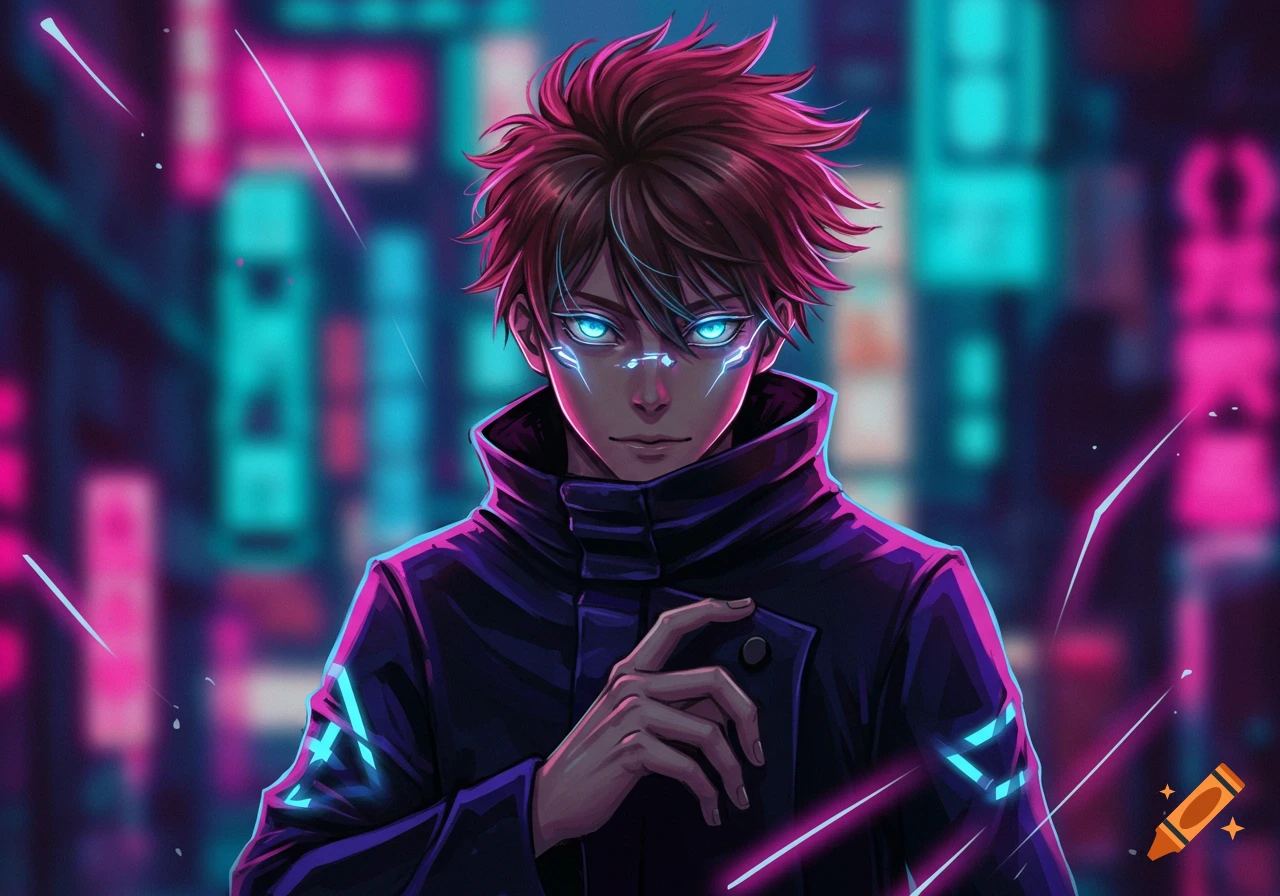 Anime character with red spiky hair, glowing blue eyes and facial markings, wearing a dark coat, against a blurry neon city.