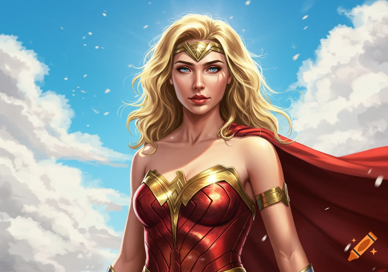 Blonde Wonder Woman in a red and gold costume, with a red cape, stands against a blue sky with clouds.