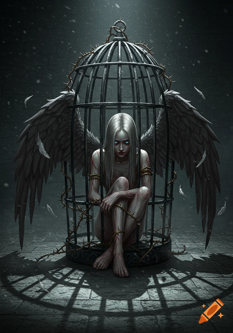 A pale, emaciated woman with large dark wings, sits trapped in a thorny birdcage in a dark, atmospheric setting. Gothic fantasy art.