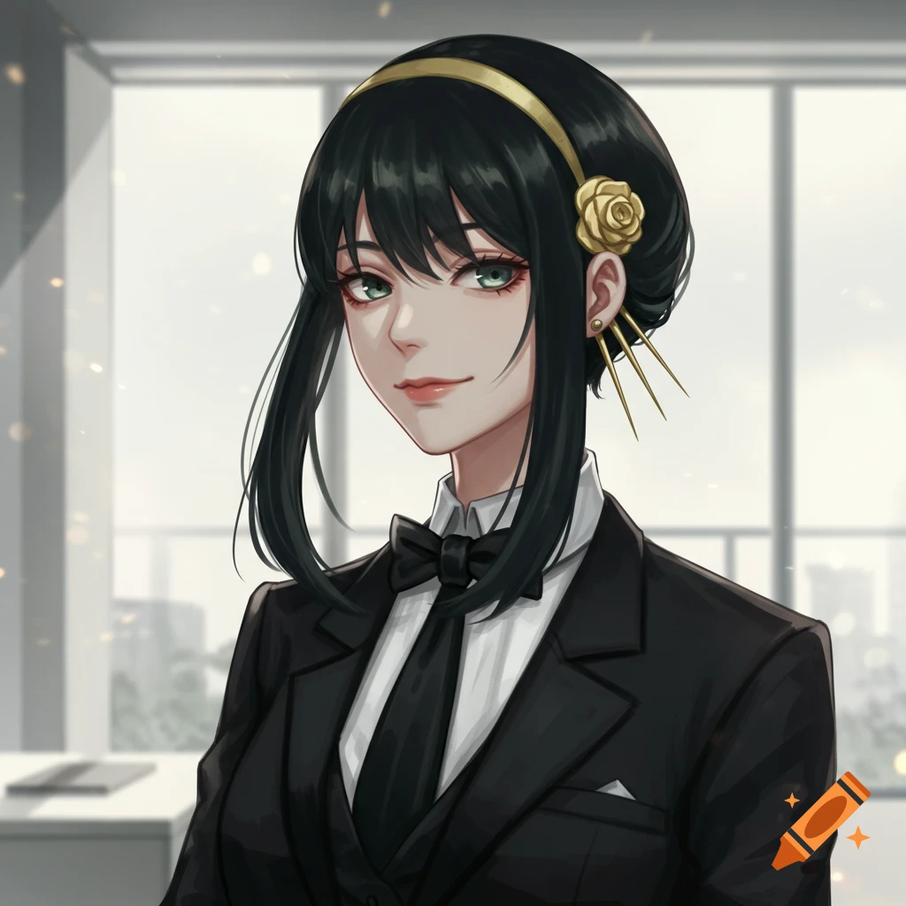 Anime-style portrait of Yor Forger with short black hair, wearing a black suit, white shirt, and black bow tie, smiling.