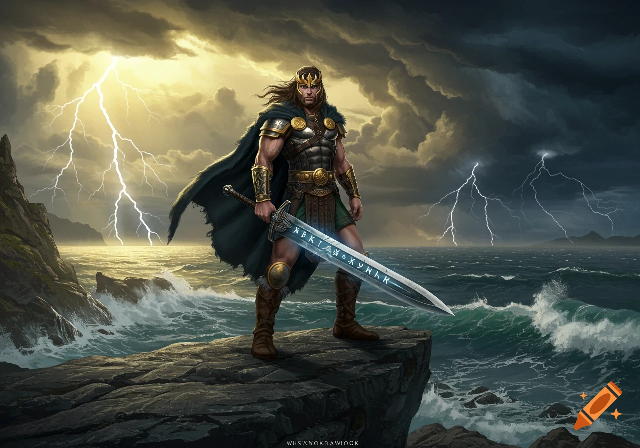 A muscular warrior in armor and cape stands on a rocky cliff overlooking a stormy sea with lightning. He holds a large, glowing sword.