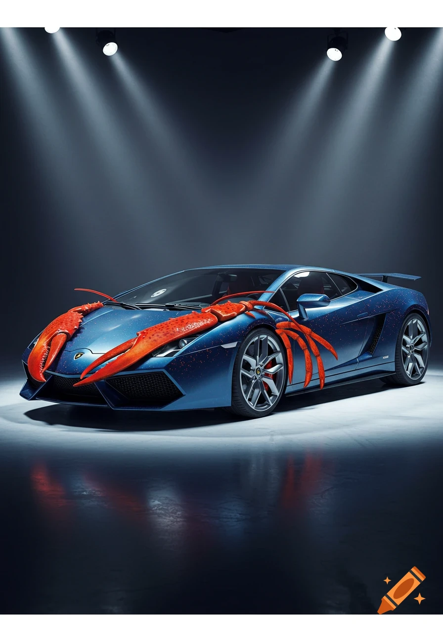 A blue Lamborghini sports car with large red lobsters draped over its hood and side, under dramatic spotlights, hyperrealistic style.