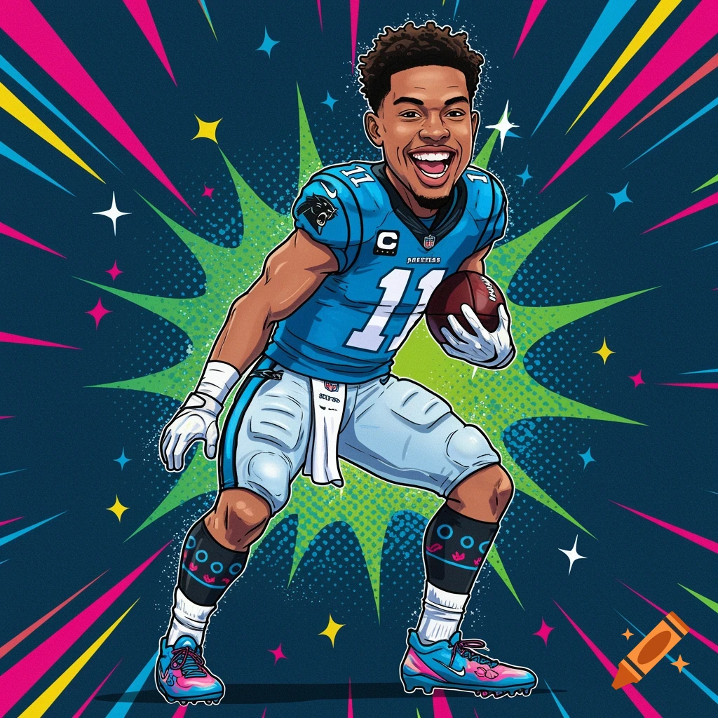 A vibrant cartoon of a smiling football player in a blue jersey with number 11, holding a football, against a colorful, explosive background.