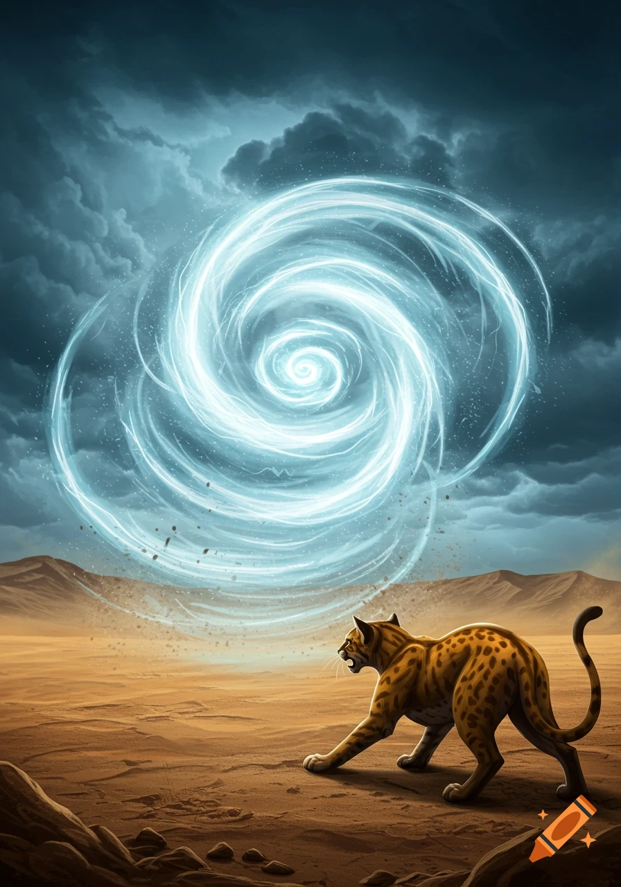 A wildcat crouches in a sandy desert under a stormy sky, observing a glowing blue spiraling energy cyclone.