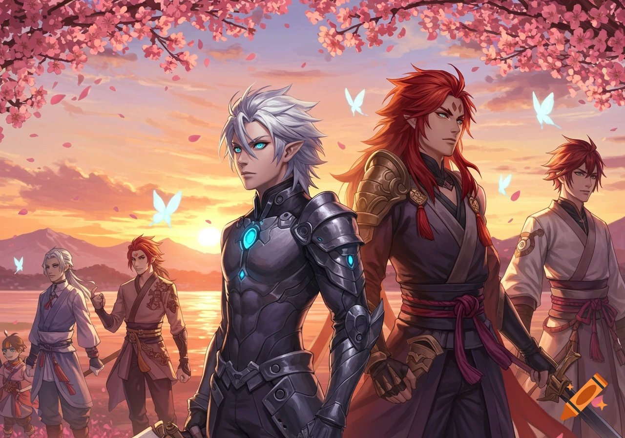 Anime-style fantasy characters including a man in armor and several in traditional attire, standing under pink cherry blossoms at sunset.