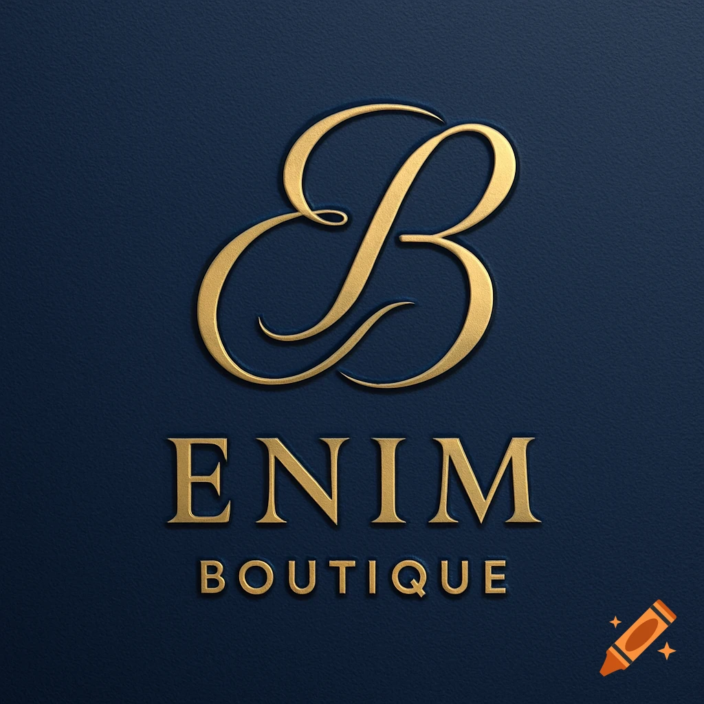 A luxurious gold monogram logo featuring intertwined 'EB' above 'ENIM BOUTIQUE' on a textured dark blue background.