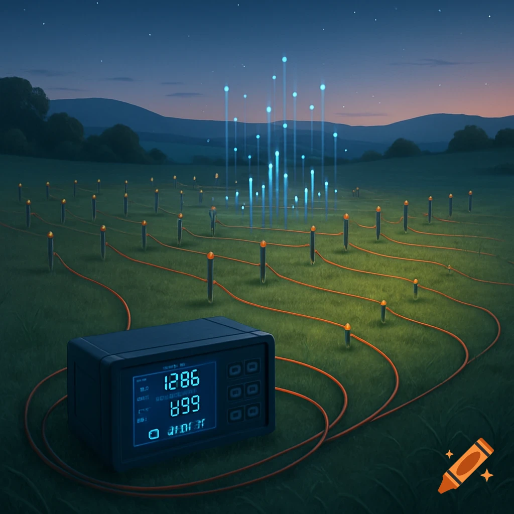 A nighttime landscape with a grid of sensors and orange cables in a field, an electronic device in the foreground, and glowing blue data pillars rising from the ground.