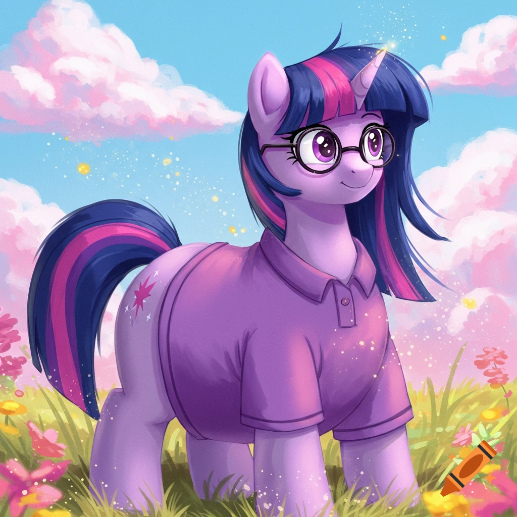 Purple pony with glasses and a purple polo shirt stands in a field of flowers under a cloudy sky.