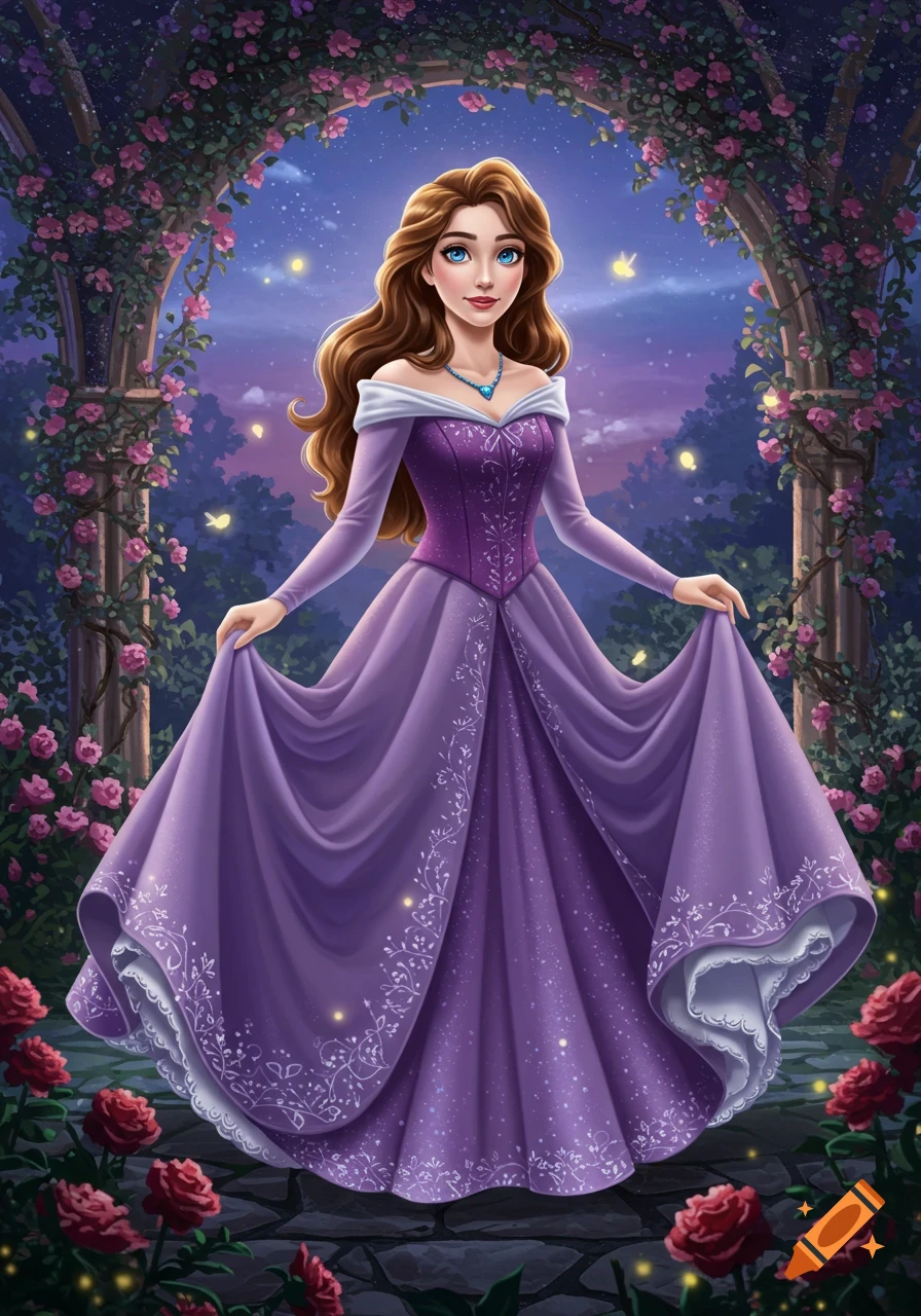 A cartoon princess with long brown hair and blue eyes wears a flowing purple gown in a rose-filled garden at night.