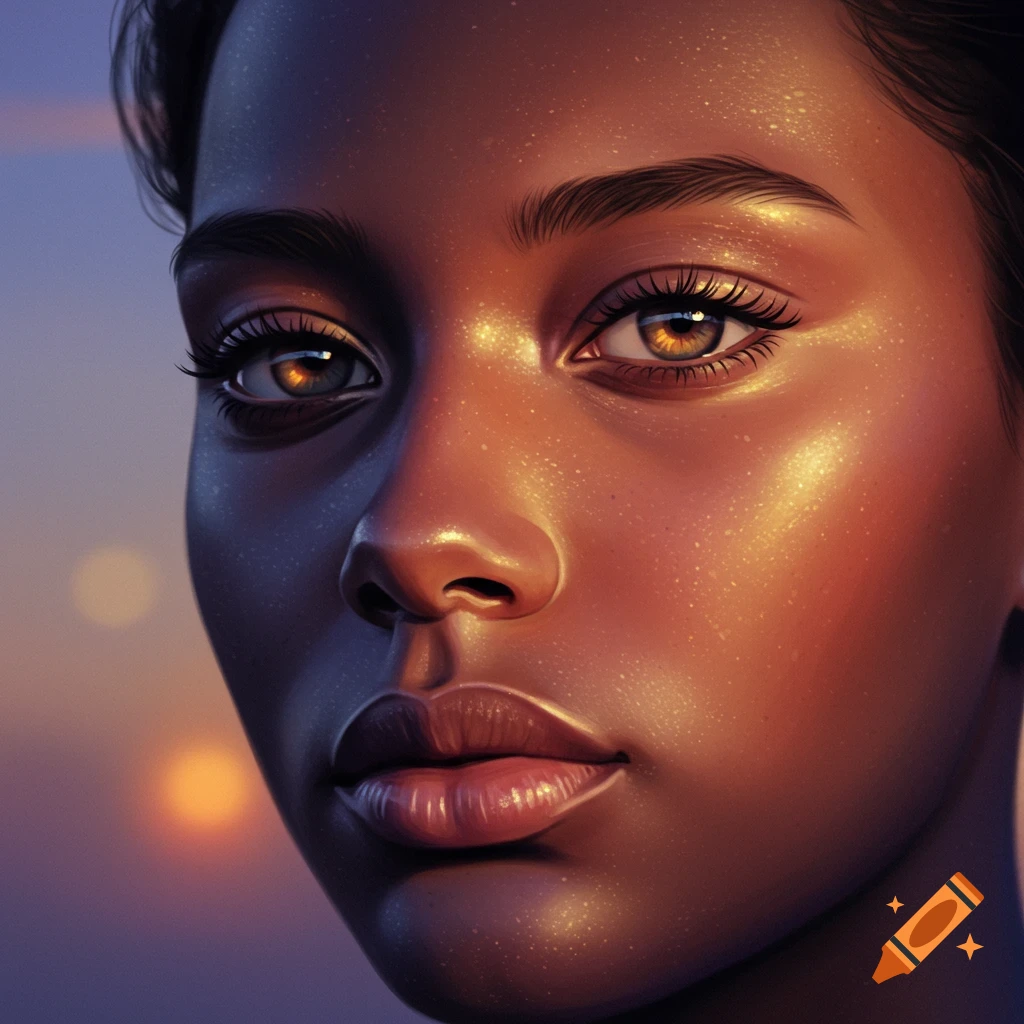 Close-up of a woman's face with dark skin, highlighted by dramatic golden light against a purple background.