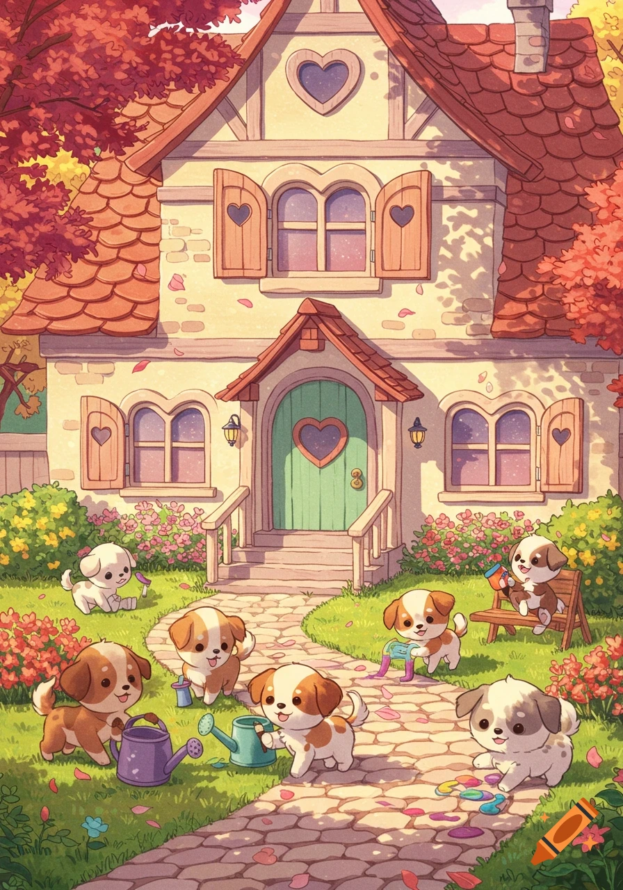 Cute cartoon house with a heart window, surrounded by a garden with adorable puppies playing with watering cans.