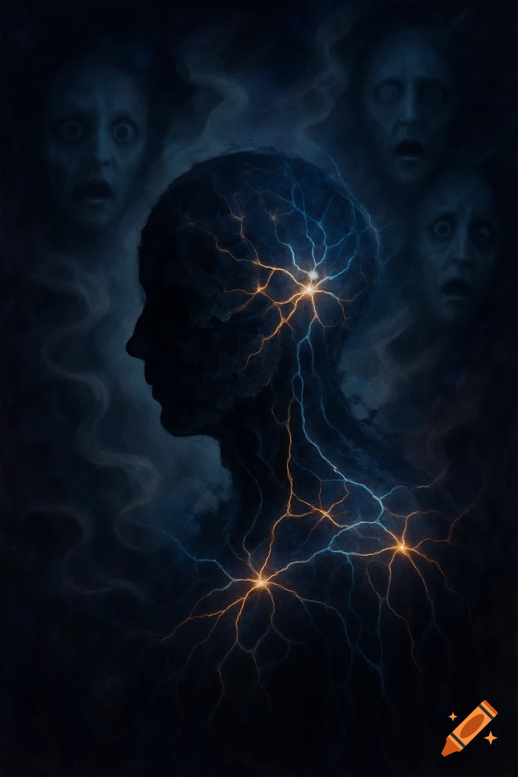 A dark, surreal image of a human head silhouette with glowing lightning, surrounded by distorted, fearful faces in smoky clouds.
