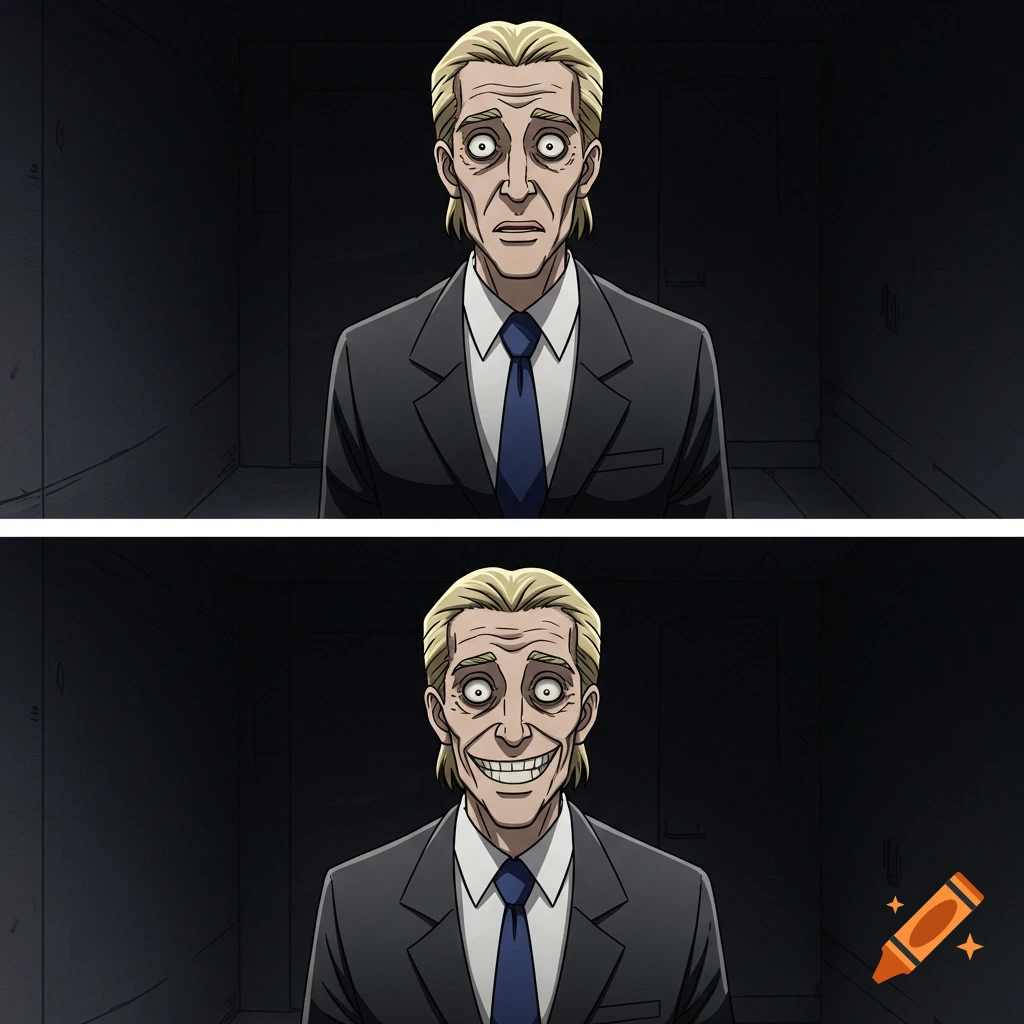 A two-panel anime illustration of a businessman with blonde hair. Top panel: surprised expression. Bottom panel: unsettling smile.