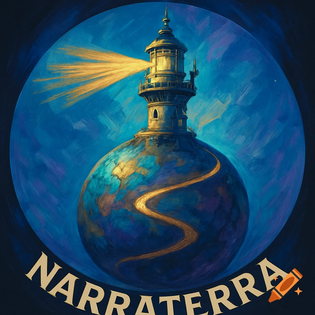 Artistic logo of a lighthouse on a planet with golden light beams and 'NARRATERRA' text, in digital illustration style.