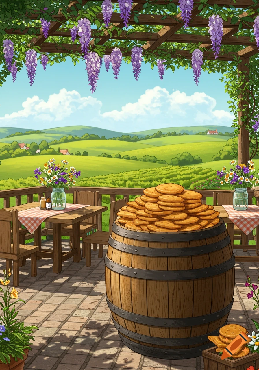 Illustrated country restaurant patio with a barrel of crackers, tables, wisteria vines, and a green landscape.