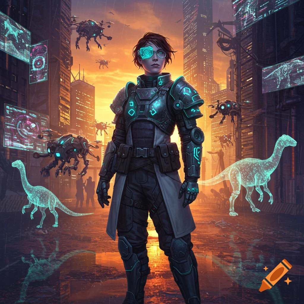 A person in cyberpunk armor with a holographic eye display stands in a futuristic city with glowing holographic dinosaurs and drones, at sunset.