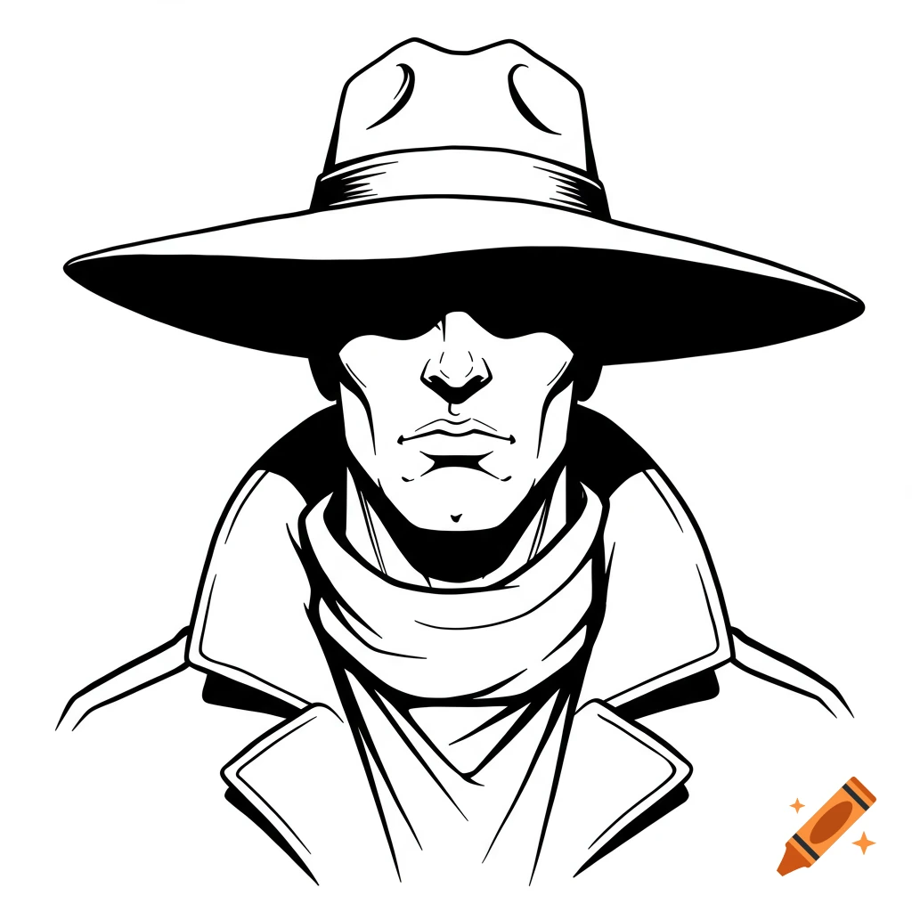 Black and white line art of a man in a wide-brimmed hat, scarf, and trench coat, with his eyes shadowed.