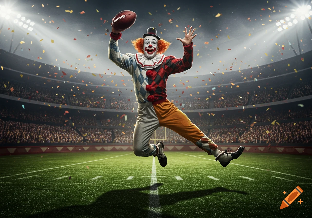 A joyful clown in a colorful, diamond-patterned suit jumps on a football field, holding a football with confetti falling and a stadium crowd in the background.