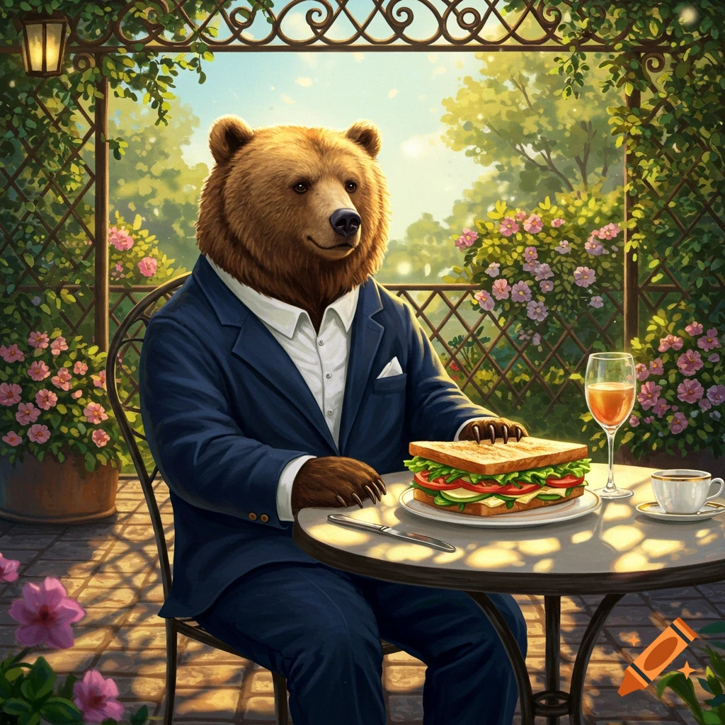An anthropomorphic bear in a blue suit eats a sandwich at a table on a sunlit patio with lush greenery and pink flowers.