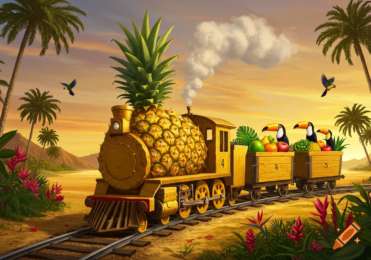 A whimsical tropical train with a pineapple locomotive and cars filled with fruit and toucans, on tracks at sunset with palm trees.