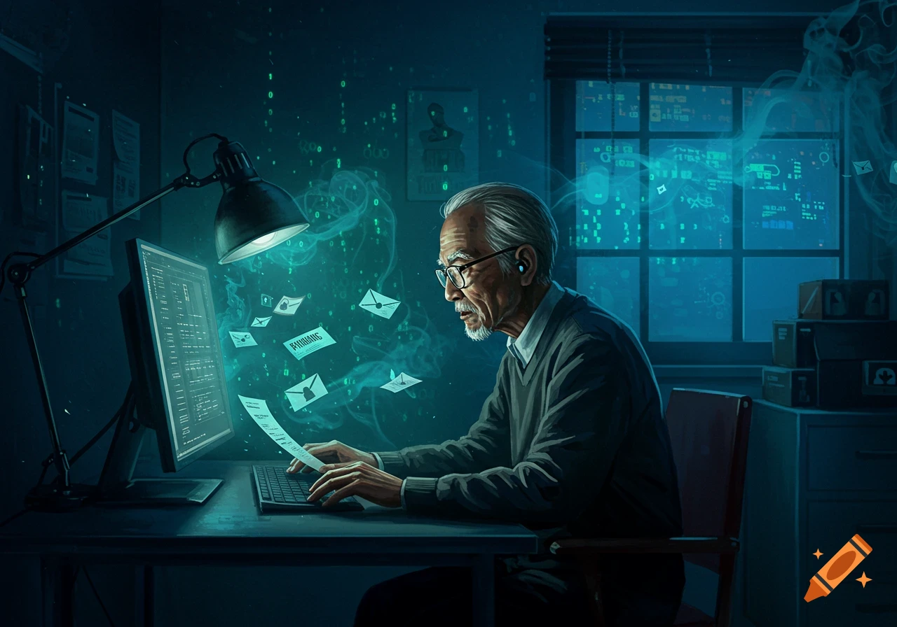An elderly man with glasses types on a keyboard, illuminated by a desk lamp. Digital data and floating emails surround him in a dark, tech-themed room.