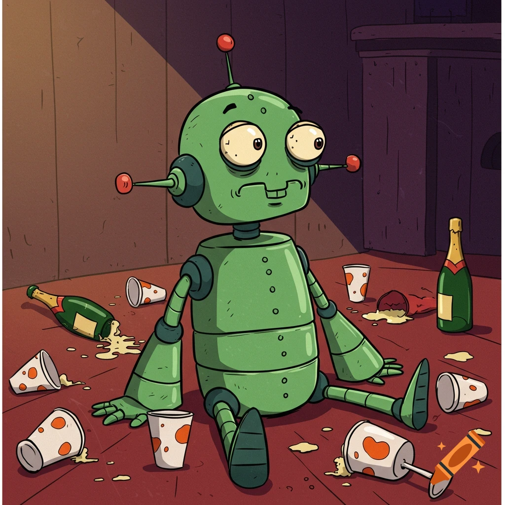 A drunk-looking green cartoon robot sits on a messy floor surrounded by spilled drinks and champagne bottles.