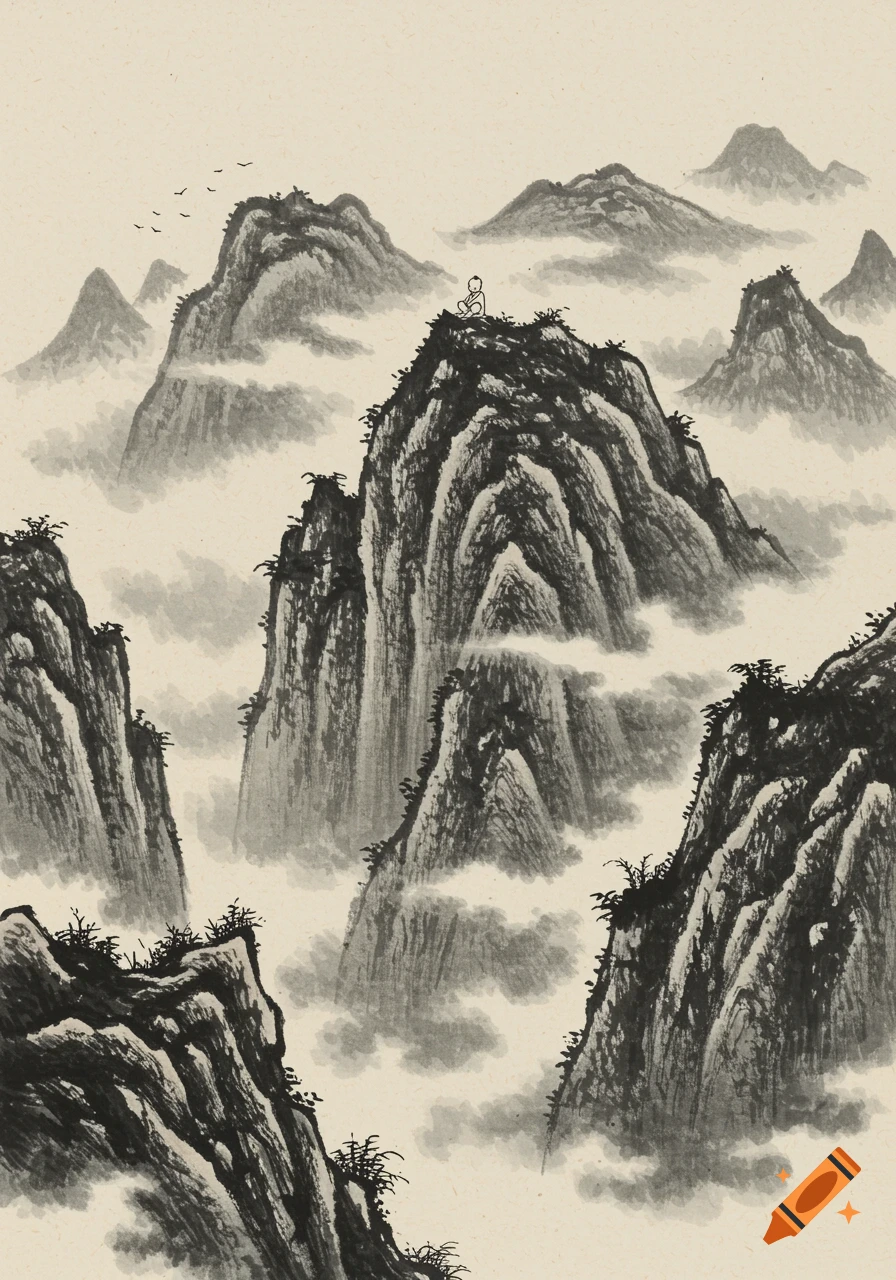 Shanshui ink painting of a little boy sitting atop a mountain, surrounded by mist and birds.