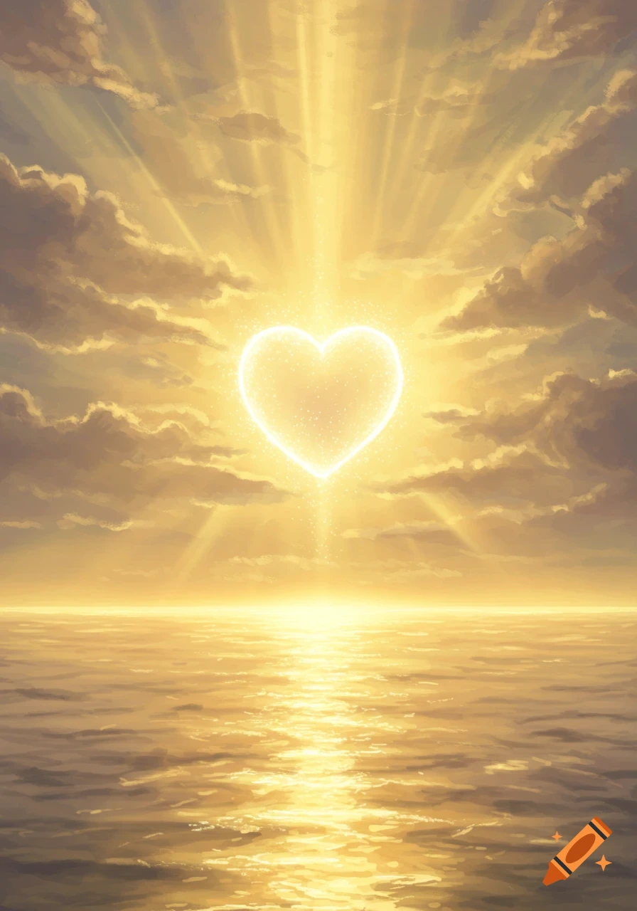 A glowing, sparkling heart floats above a golden ocean under a radiant sunrise or sunset sky with sun rays breaking through clouds.