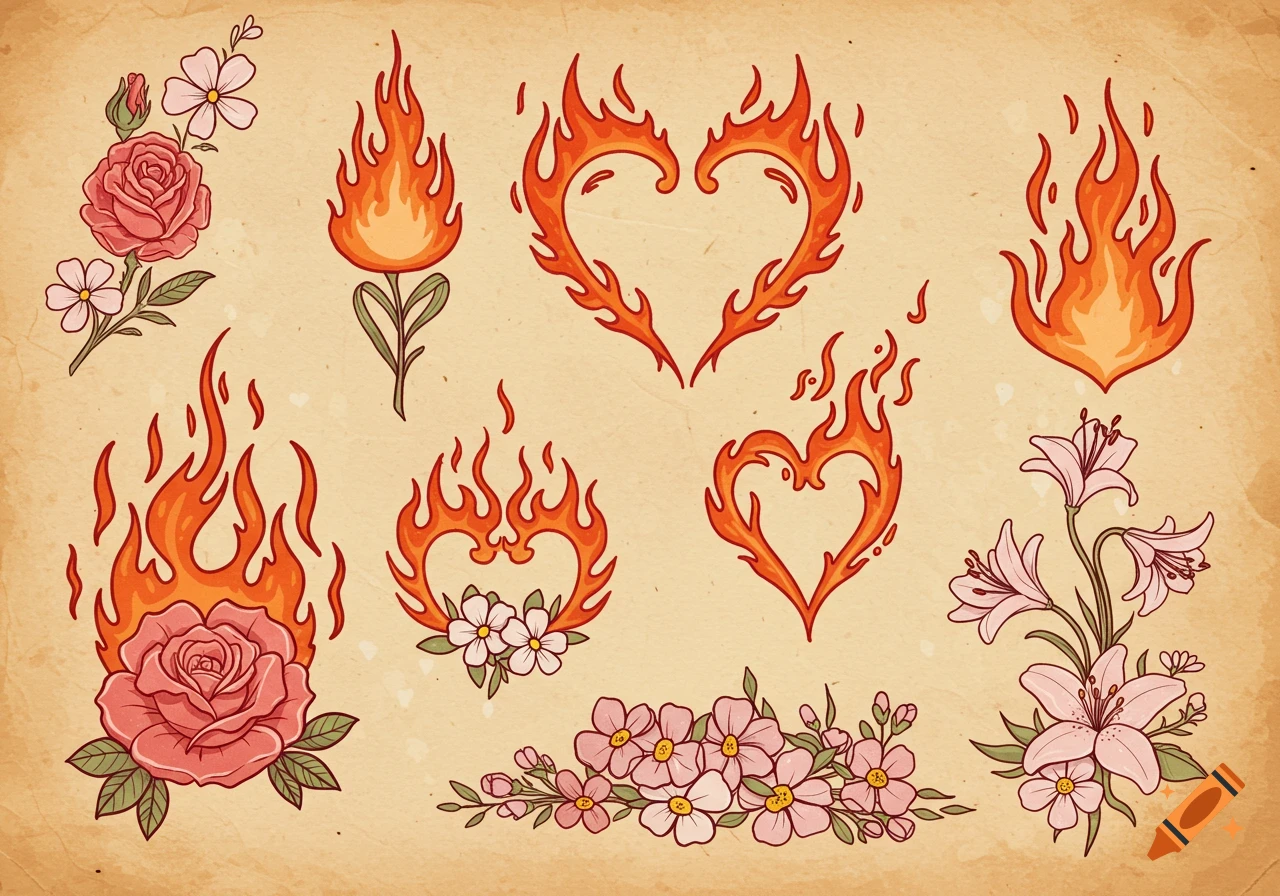 A collection of cute tattoo designs featuring stylized flowers and flames on an aged paper background.