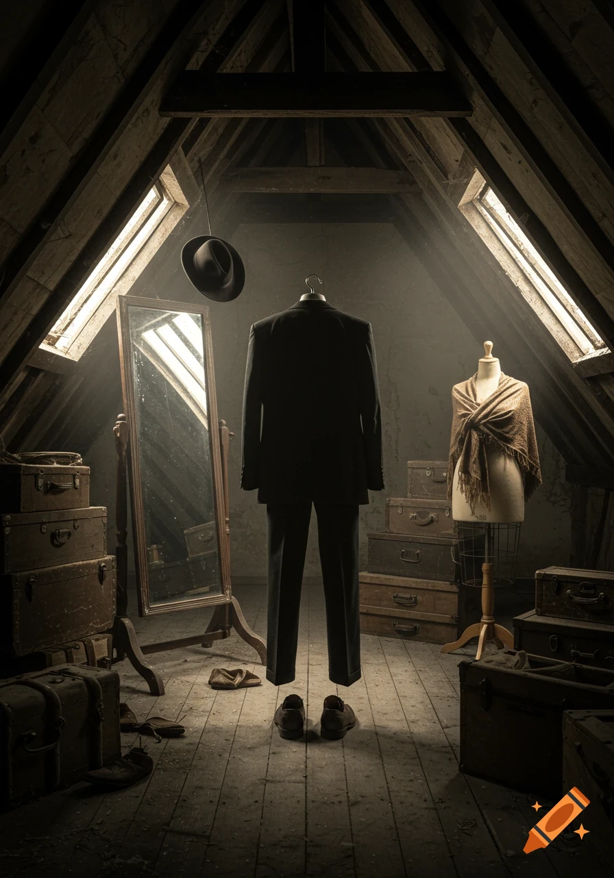 A mysterious suit of clothes representing an invisible man stands in a dusty attic with a mirror, mannequin, and old trunks.