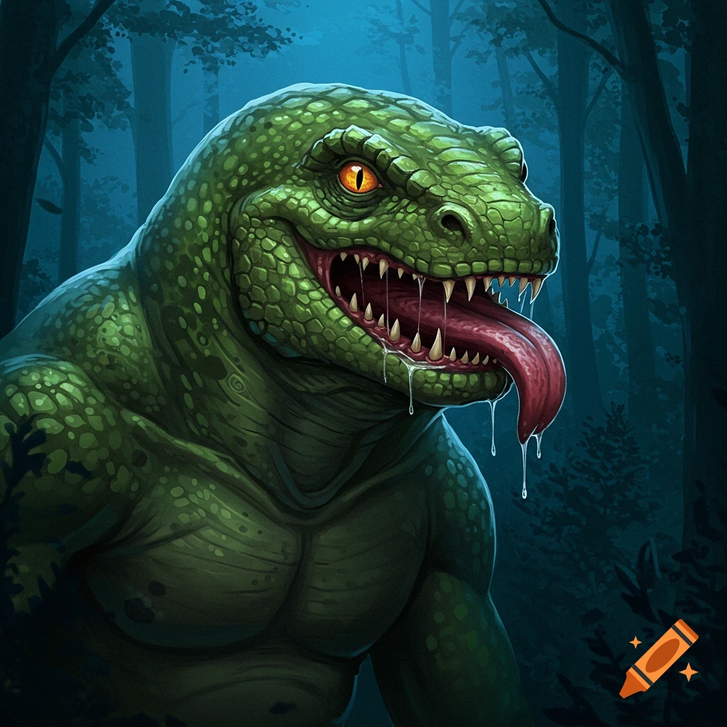 A menacing green reptilian monster with sharp teeth and a drooling tongue grins in a dark forest at night, digital art.
