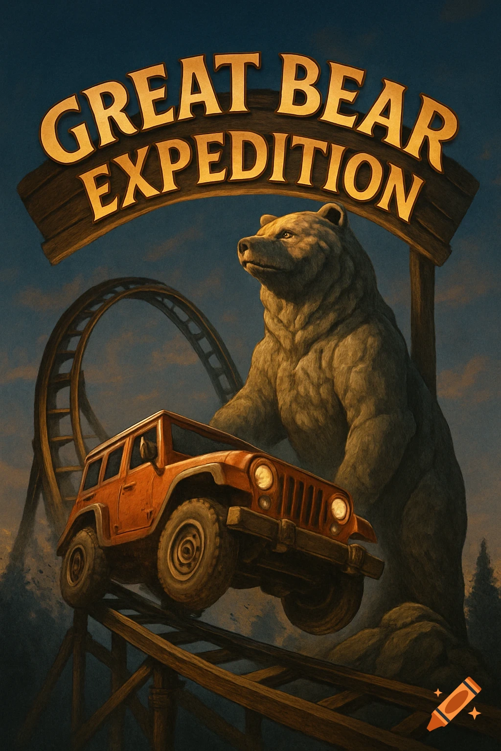 A vintage-style poster for 'Great Bear Expedition' featuring a stone grizzly bear and an orange jeep on a roller coaster track under a twilight sky.