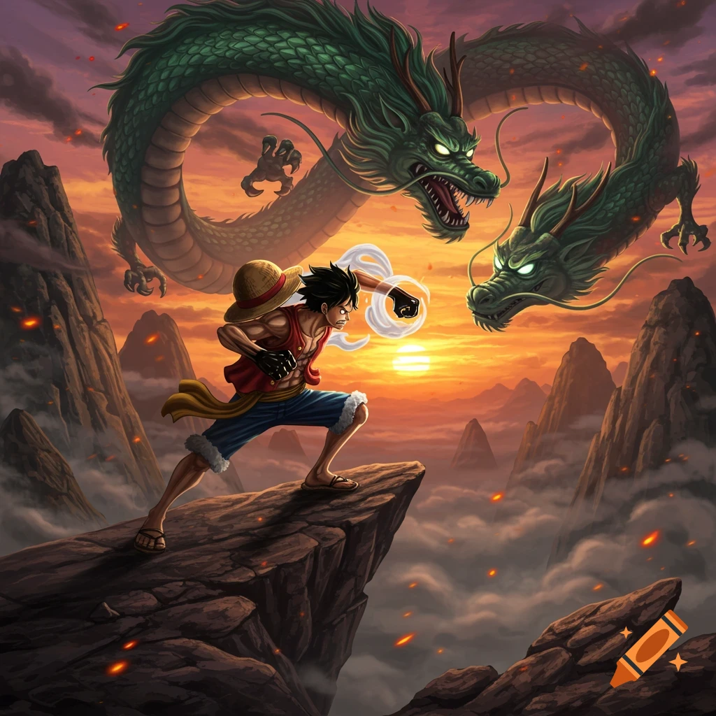 Monkey D. Luffy in a fighting pose on a cliff, facing two green dragons against a dramatic sunset sky, anime style.