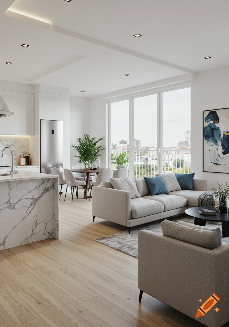 Modern open-plan living room, kitchen, and dining area with light wood floors, a gray sectional sofa, and a marble kitchen island.