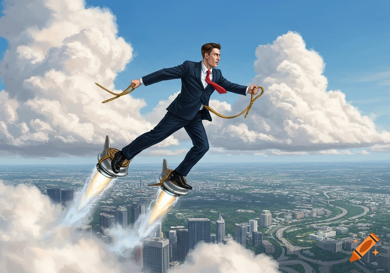 A businessman flies above a city with jet-powered boots, holding reins, amidst clouds in a clear blue sky.