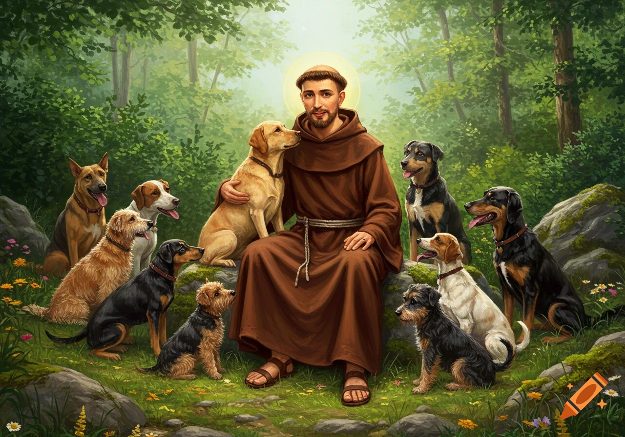 Digital painting of a man resembling St. Francis, sitting in a lush forest, surrounded by a diverse group of dogs.