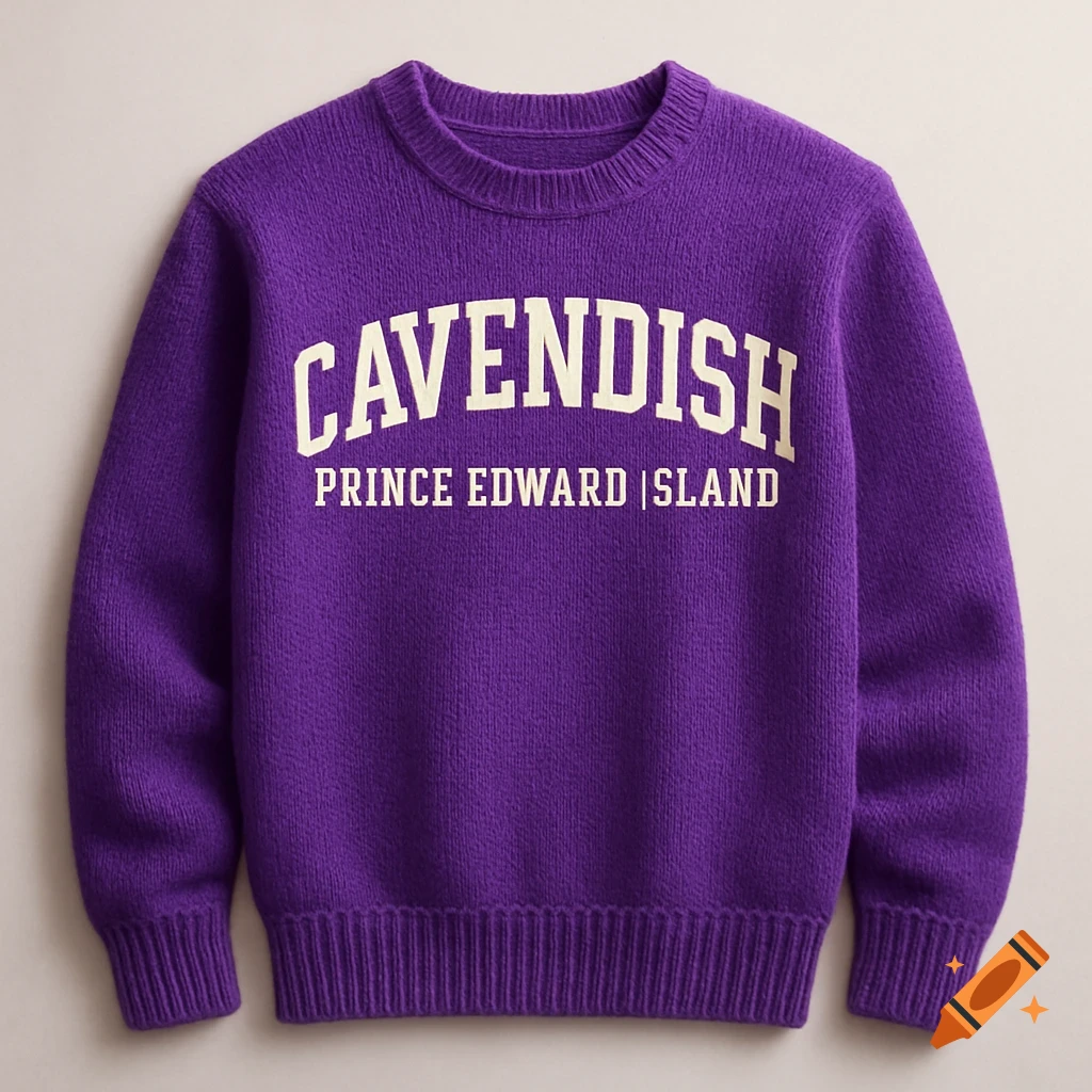 A purple knitted sweater with 'CAVENDISH' and 'PRINCE EDWARD ISLAND' in cream text on the front.