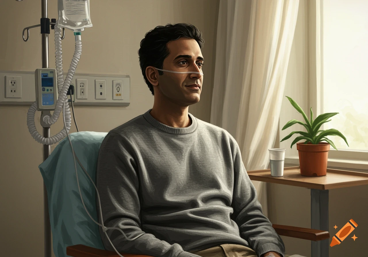 A man with a nasal cannula and IV bag sits in a hospital room, looking out a window.