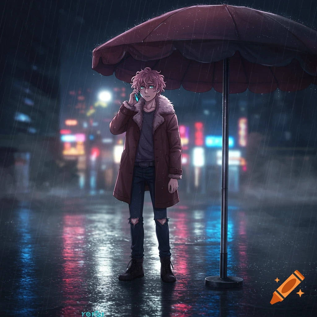 An apprehensive anime male with pink hair and a fur-lined coat talks on a phone under an umbrella on a rainy city street at night.