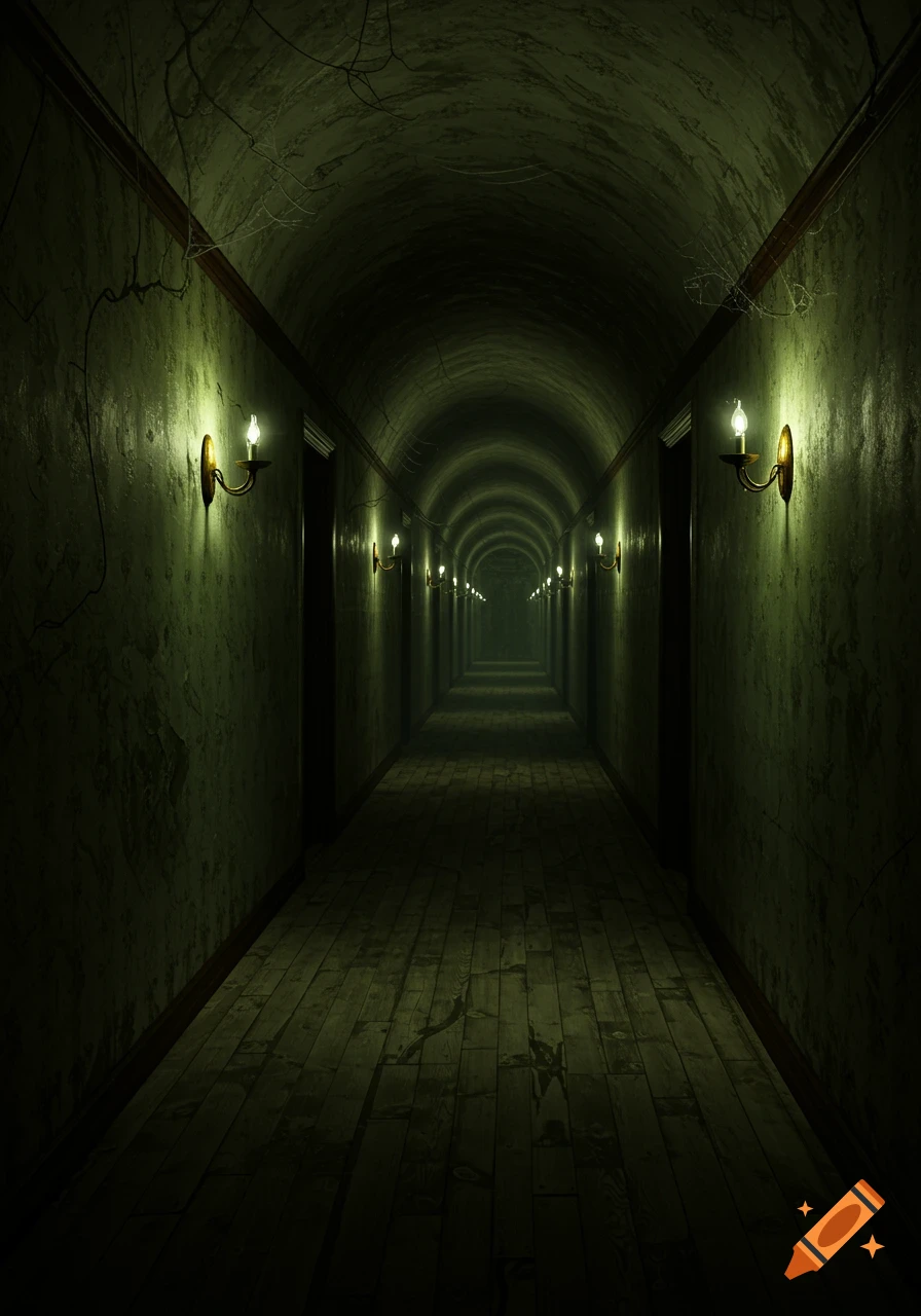 A dark, creepy arched hallway with cracked walls, a wooden floor, and glowing wall sconces, receding into the distance.