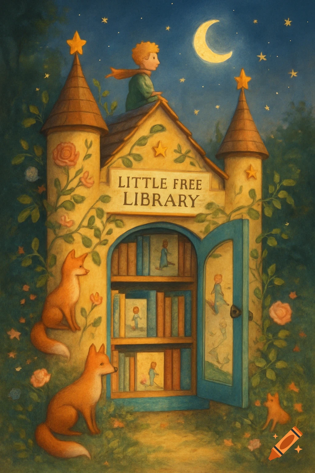 A whimsical illustration of a Little Free Library styled as a castle, with the Little Prince atop its roof. Foxes sit among roses at its base under a starry night sky with a crescent moon.